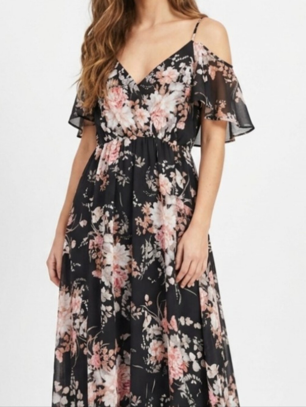 NEW Black Floral Maxi Dress with Pink and Cream Blooms